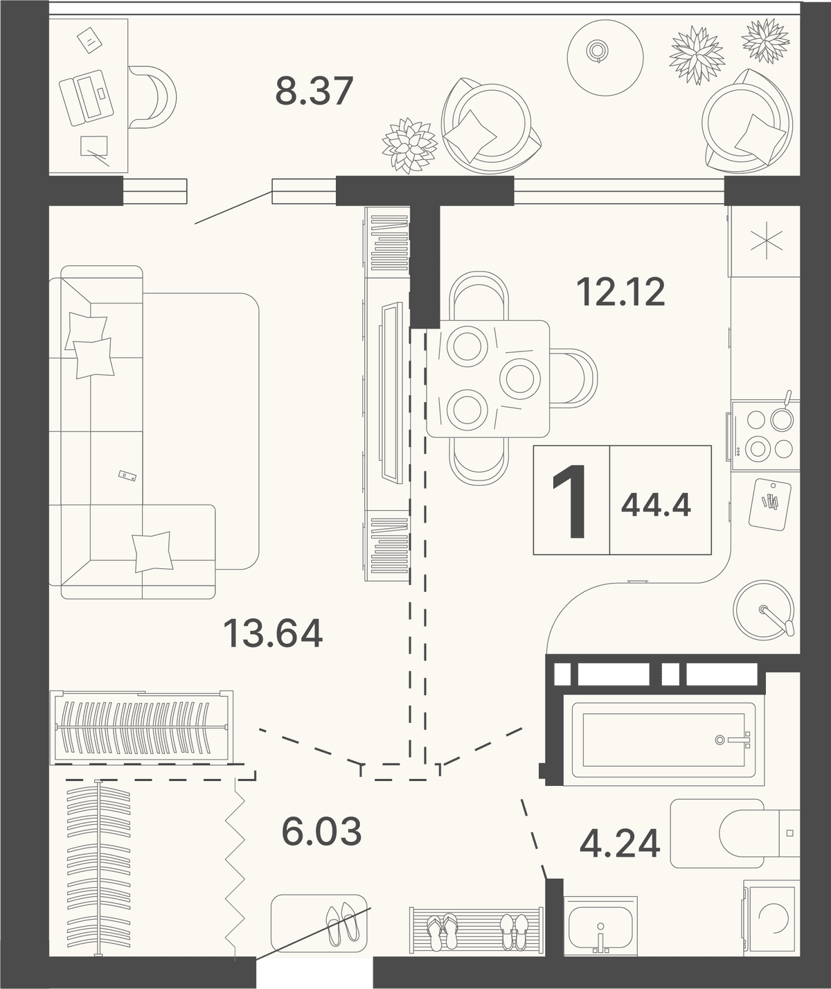 1-к, 44.4 м² · Светский лес