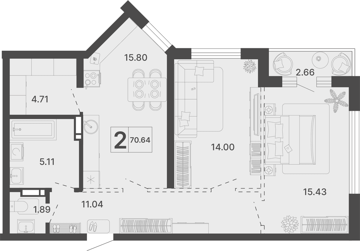 2-к, 70.64 м² · Светский лес