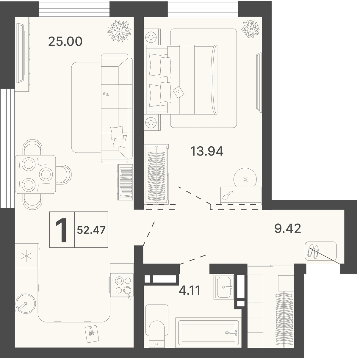 1-к, 52.47 м² · Светский лес