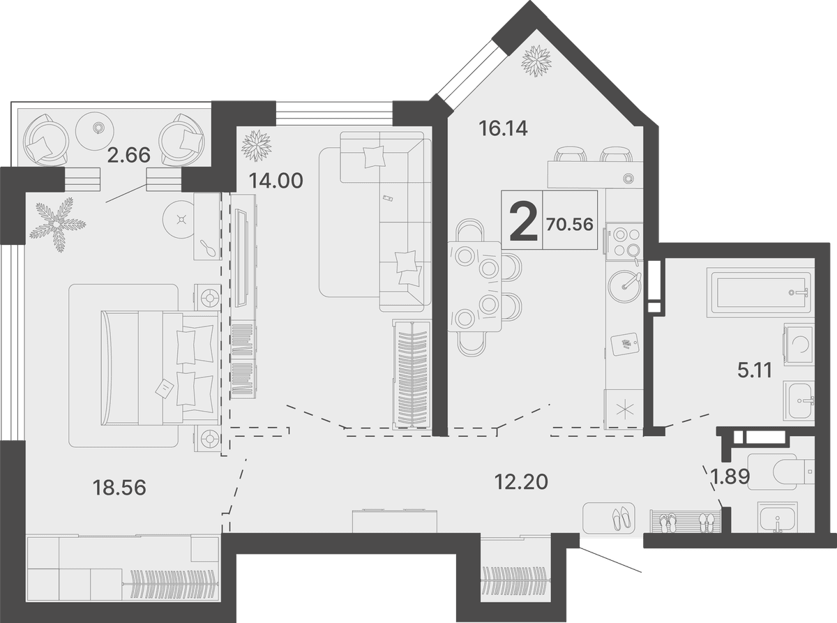 2-к, 70.56 м² · Светский лес