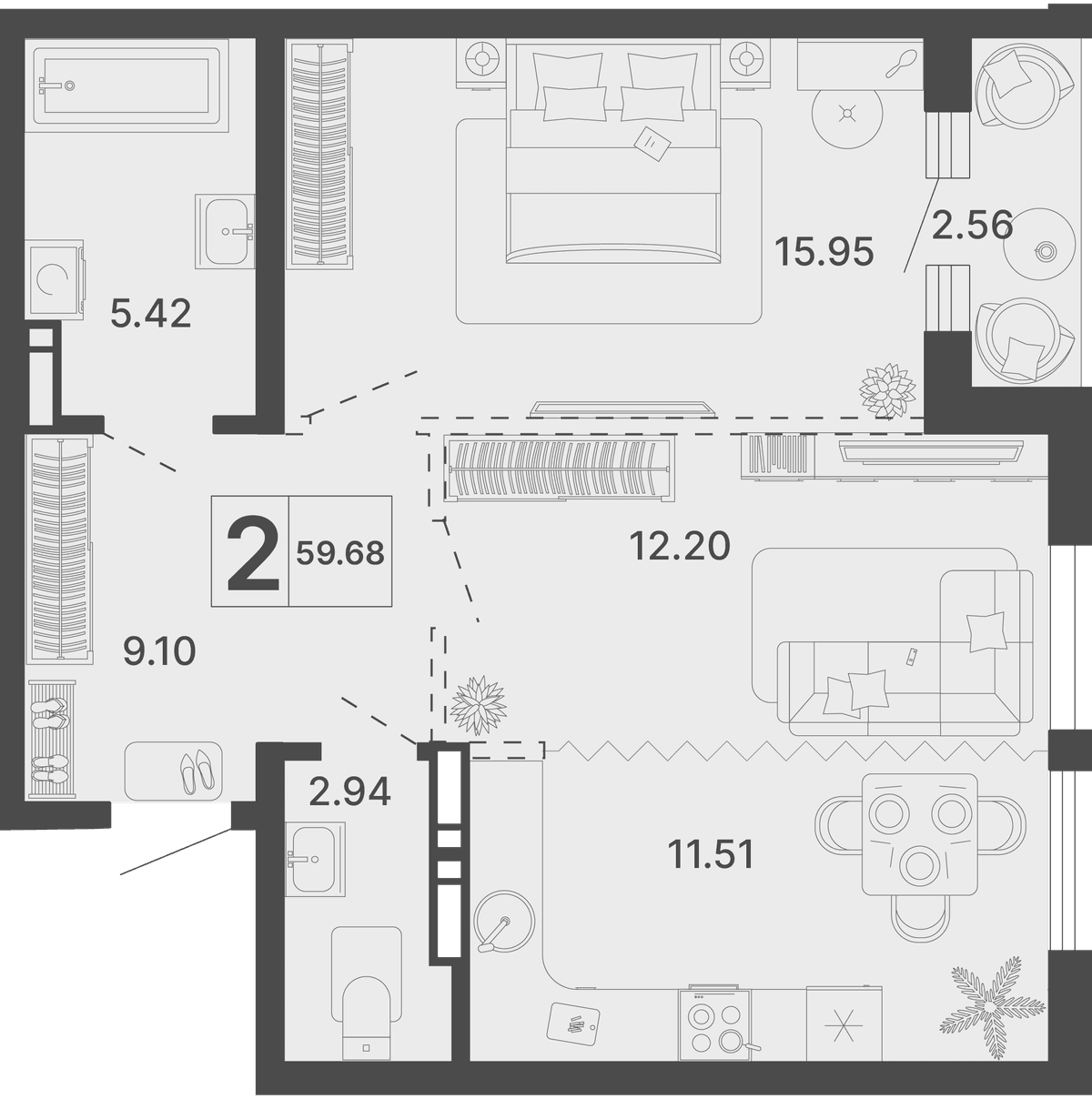 2-к, 59.68 м² · Светский лес