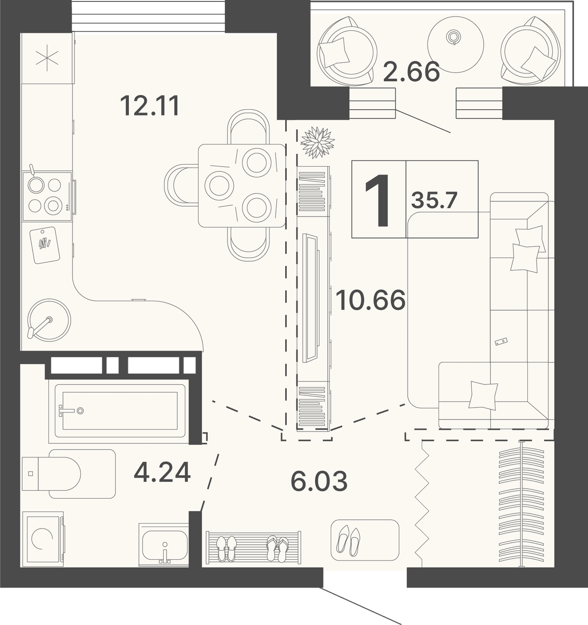 1-к, 35.7 м² · Светский лес