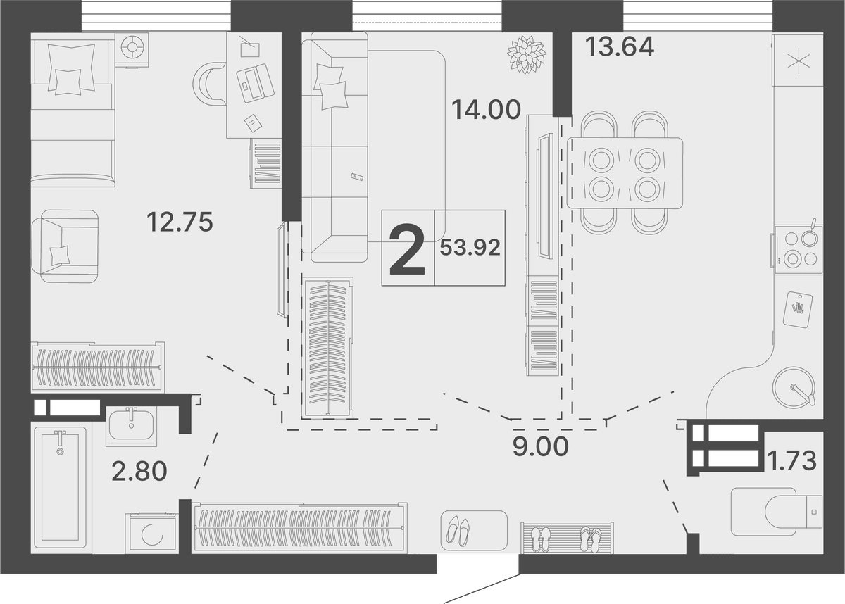 2-к, 53.92 м² · Светский лес