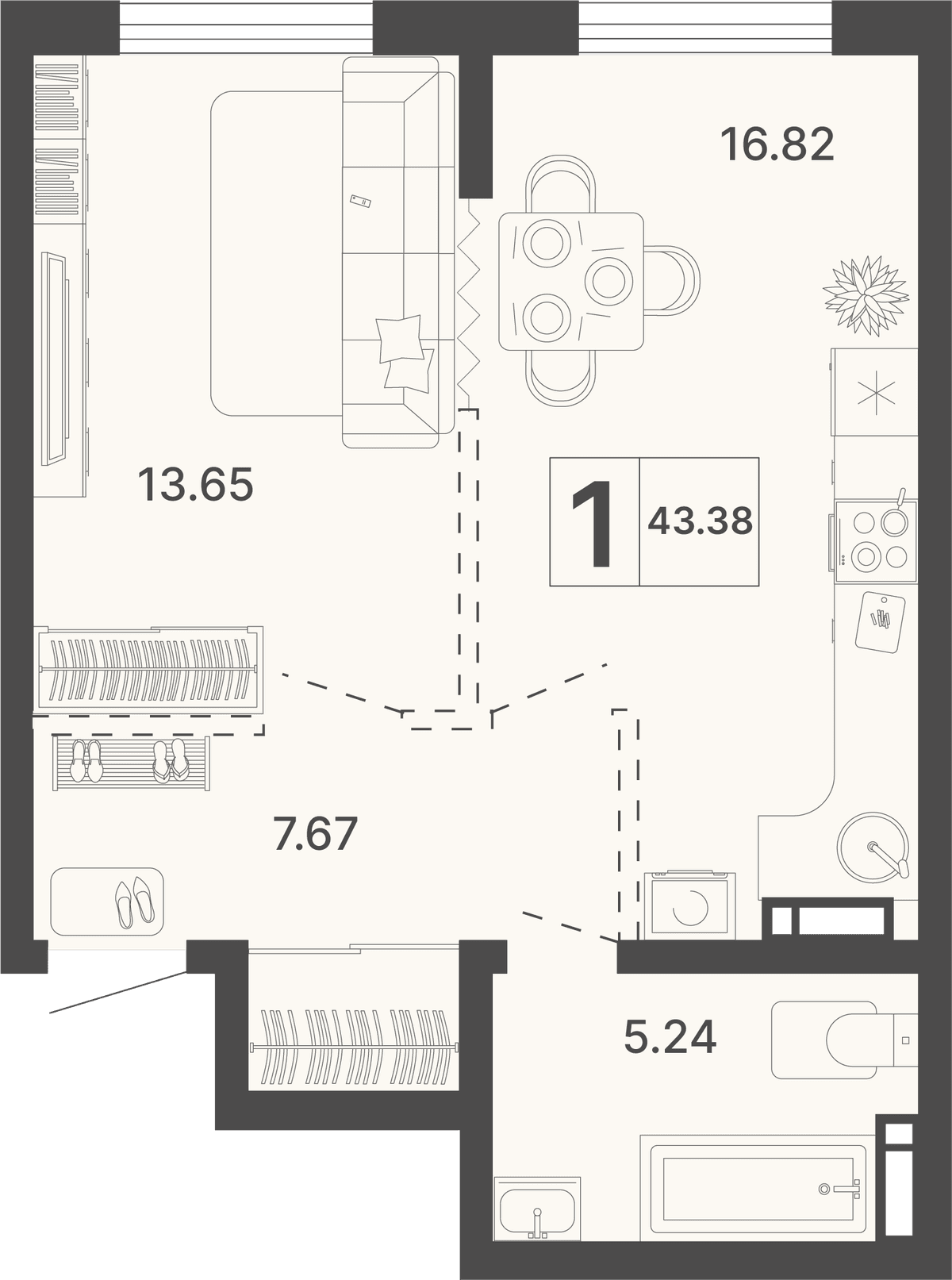 1-к, 43.38 м² · Светский лес
