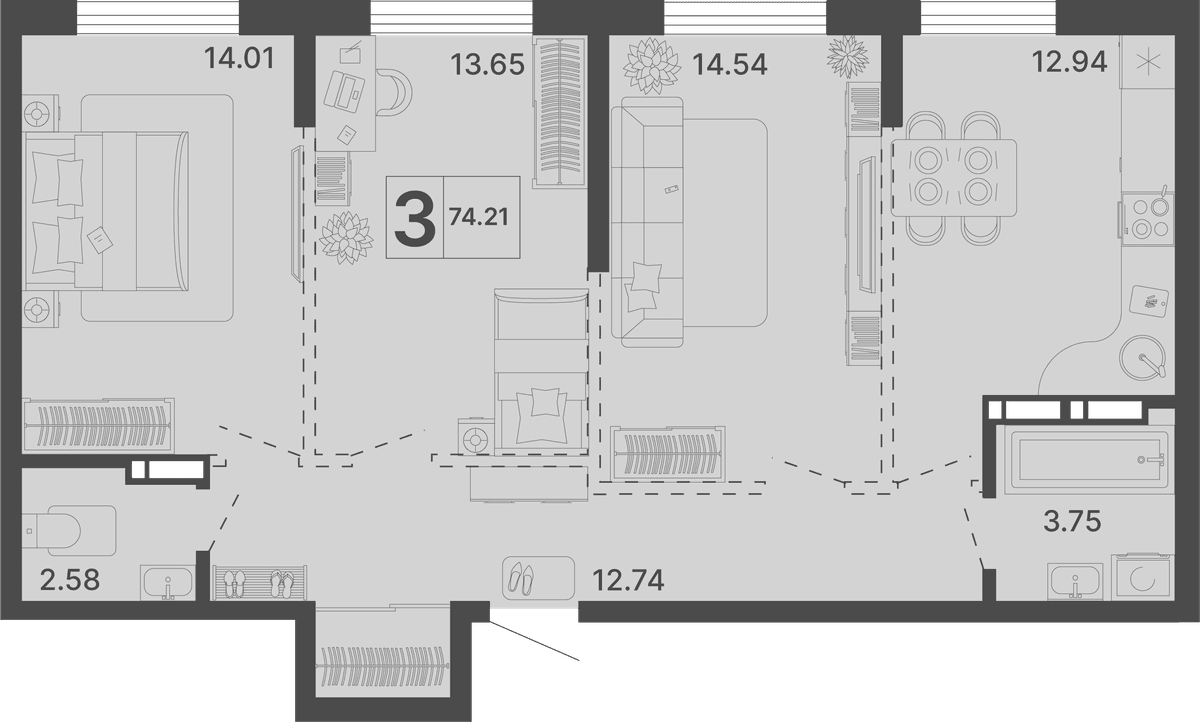 3-к, 74.21 м² · Светский лес
