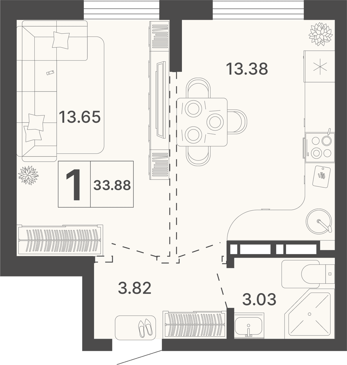 1-к, 33.88 м² · Светский лес