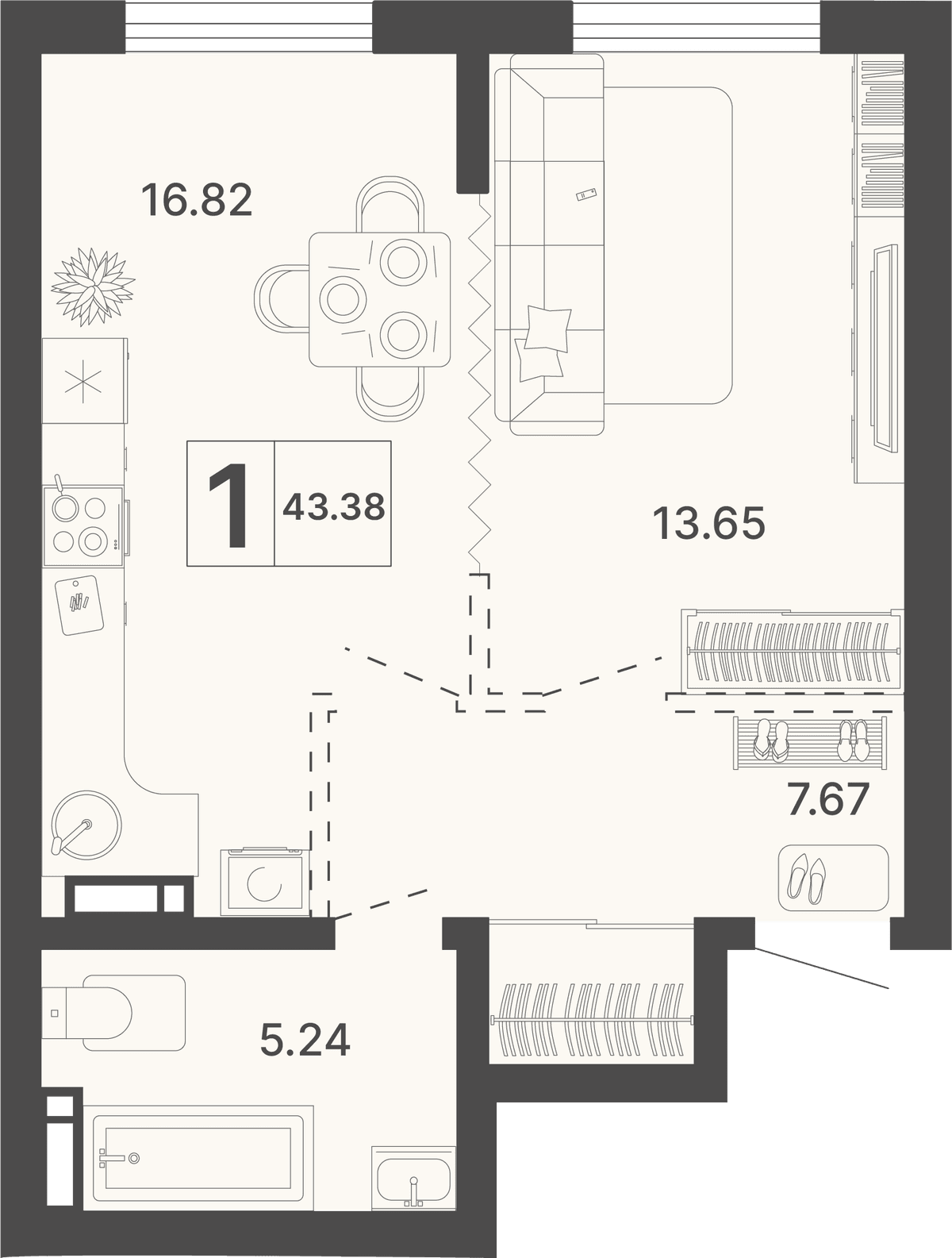 1-к, 43.38 м² · Светский лес