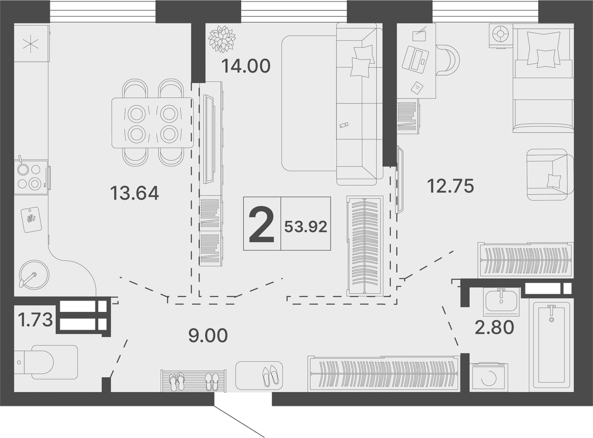 2-к, 53.92 м² · Светский лес