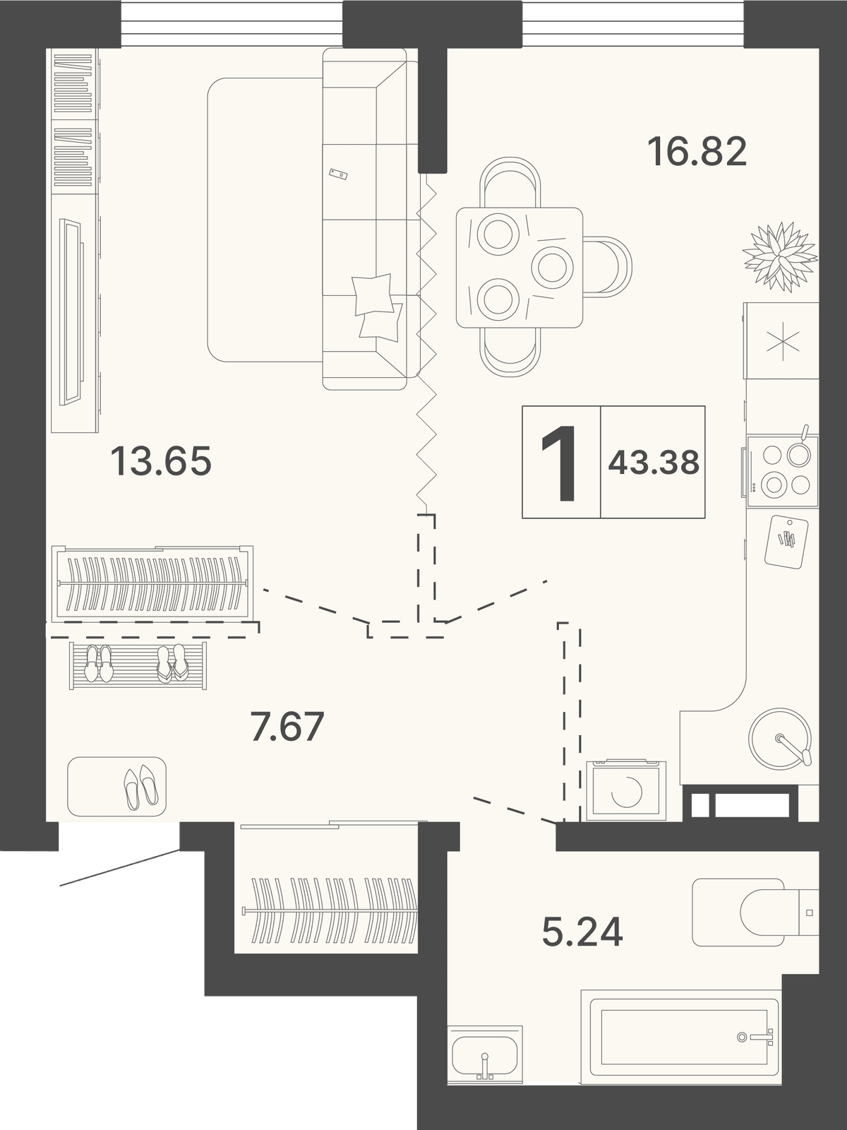 1-к, 43.38 м² · Светский лес