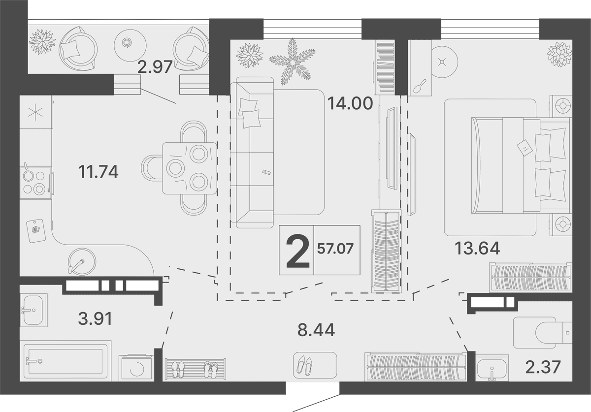 2-к, 57.07 м² · Светский лес