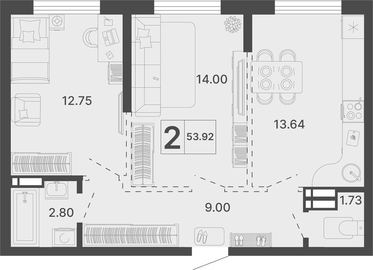 2-к, 53.92 м² · Светский лес