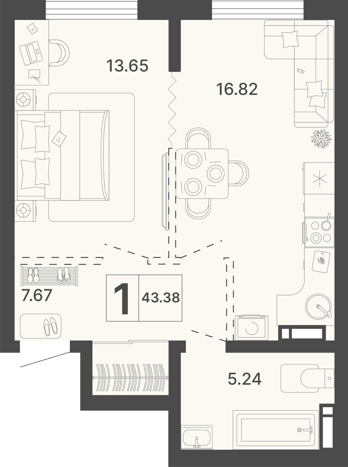 1-к, 43.38 м² · Светский лес