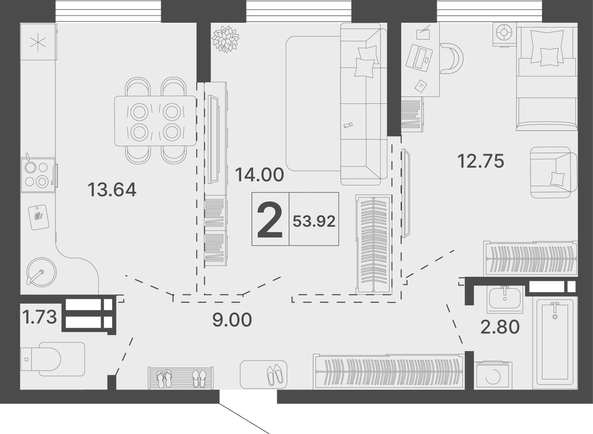 2-к, 53.92 м² · Светский лес