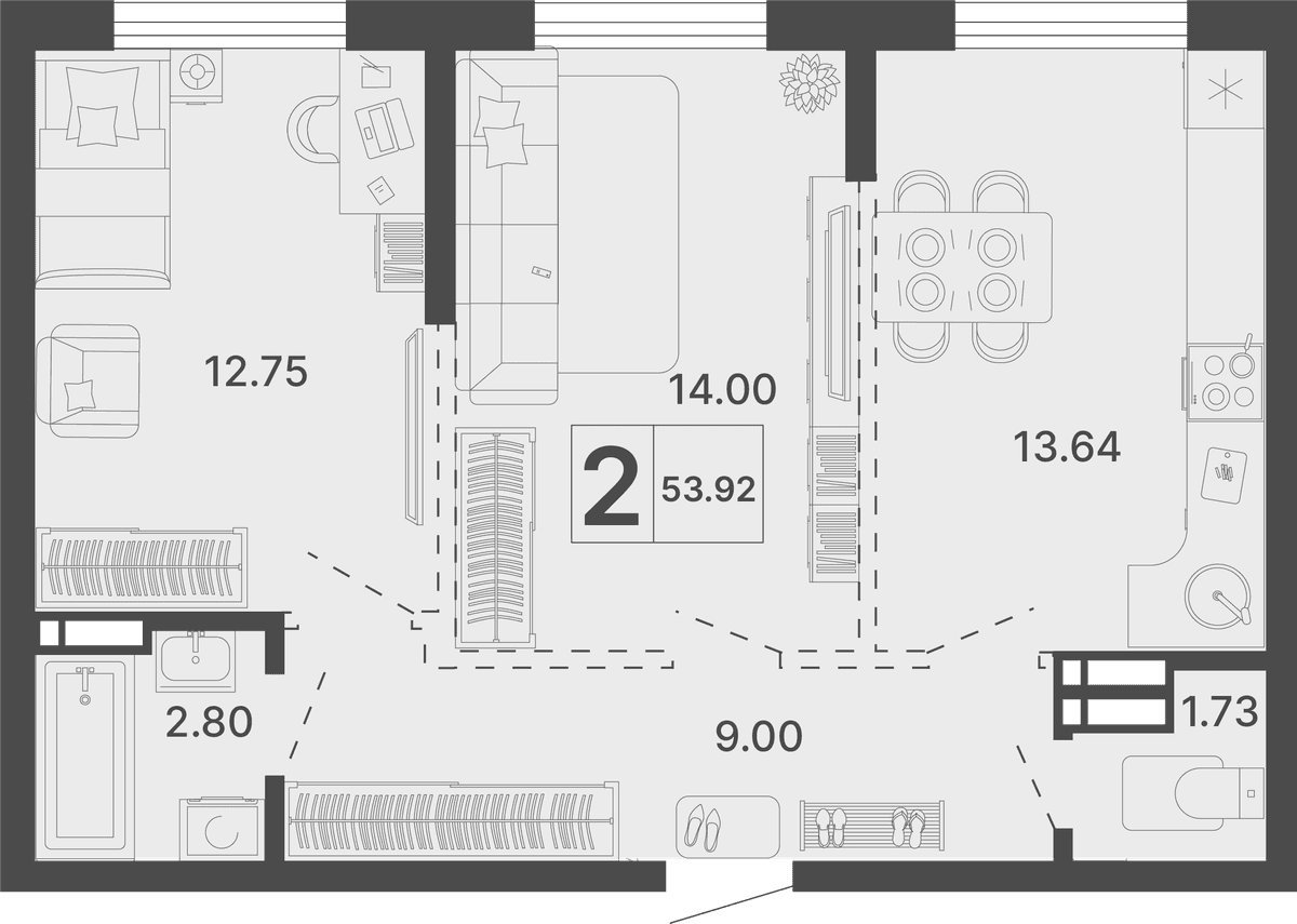 2-к, 53.92 м² · Светский лес