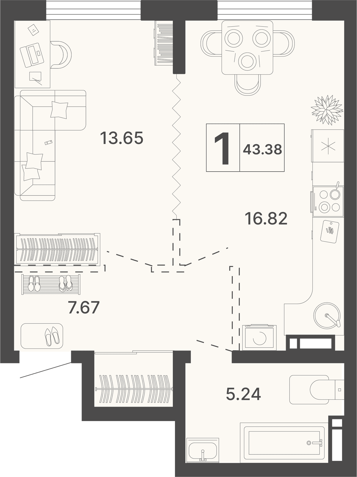 1-к, 43.38 м² · Светский лес