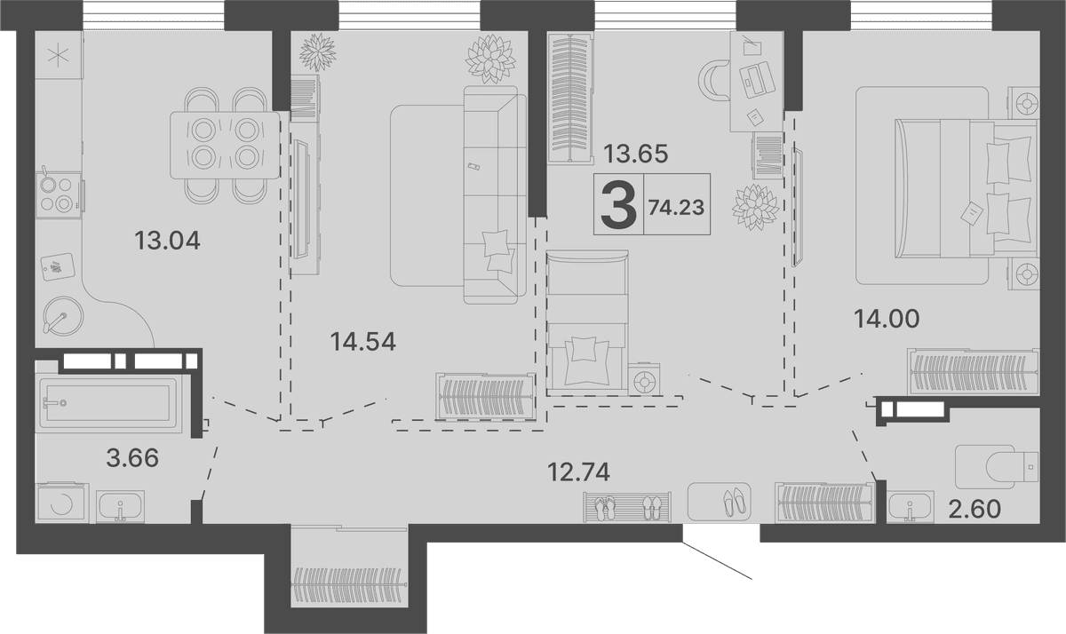 3-к, 74.23 м² · Светский лес