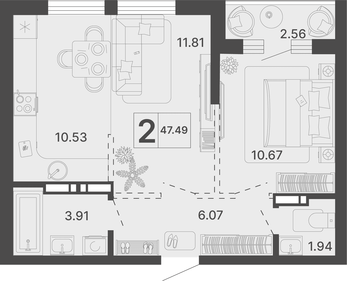 2-к, 47.49 м² · Светский лес