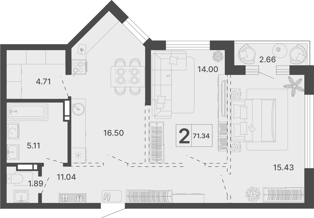 2-к, 71.34 м² · Светский лес