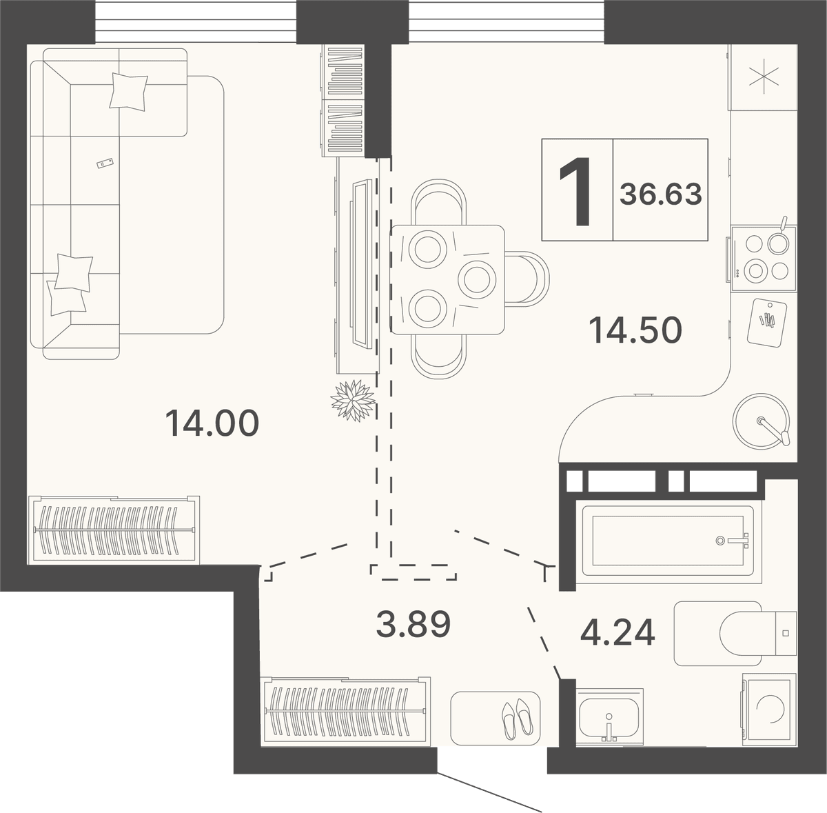 1-к, 36.63 м² · Светский лес