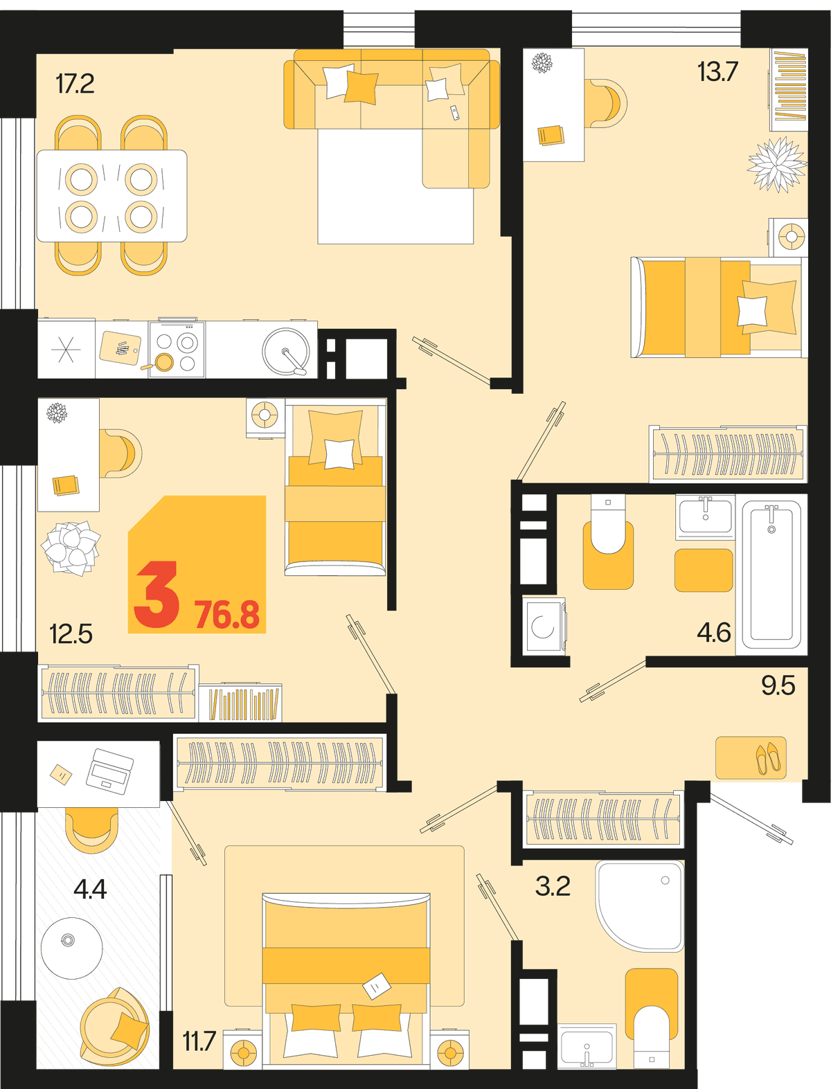 3-к, 76.8 м² · Первое место