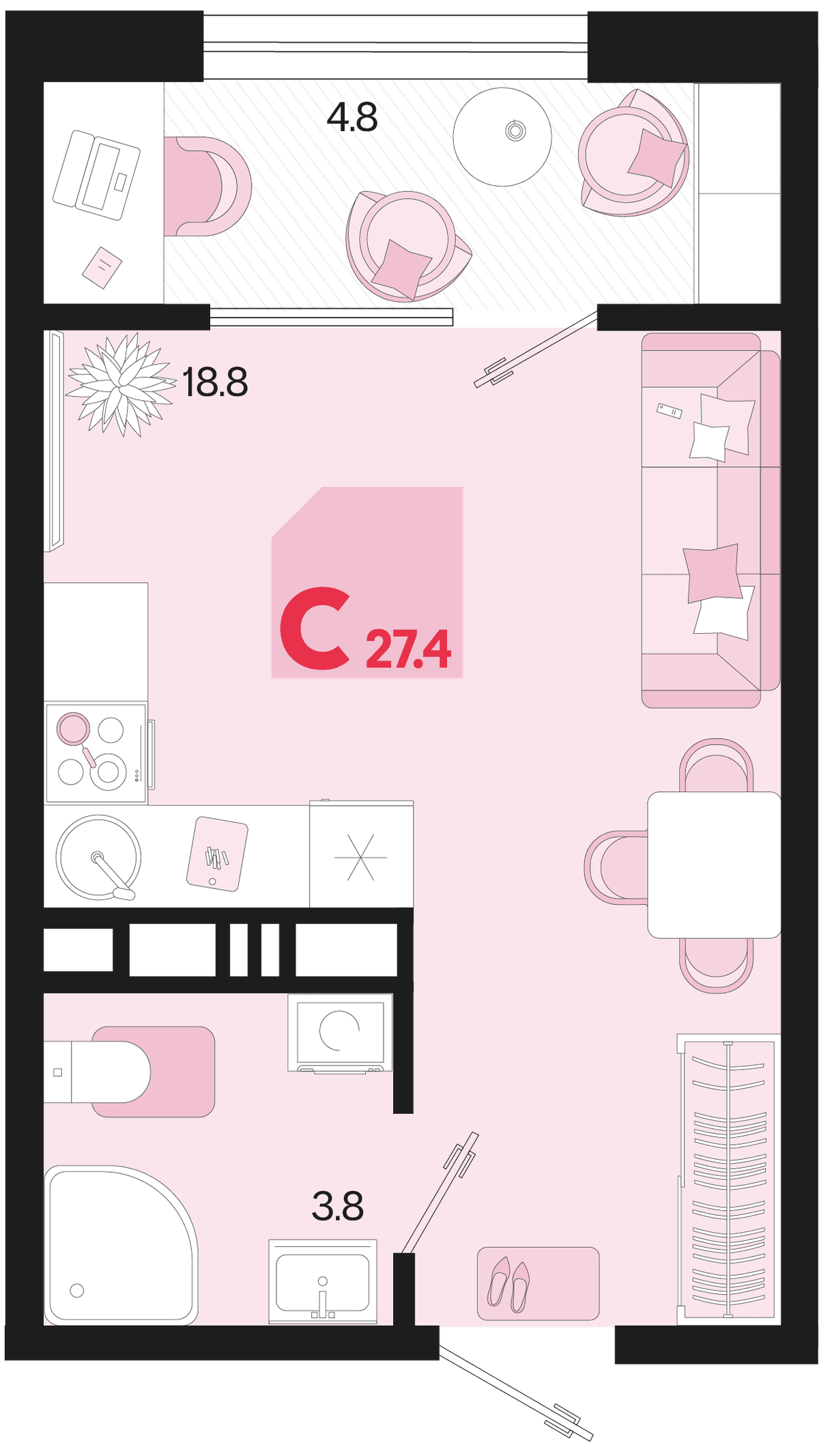 Студия, 27.4 м² · Первое место