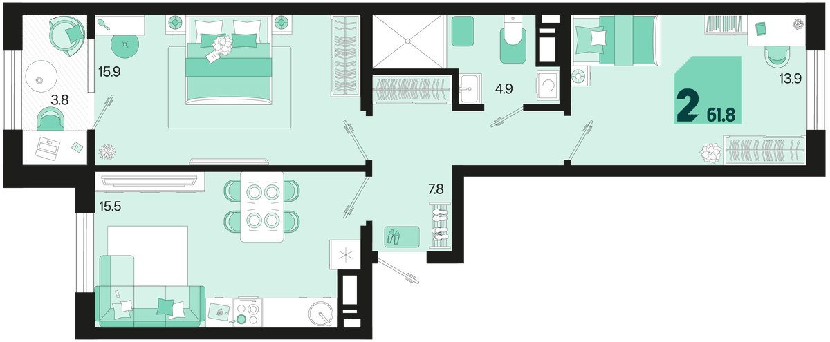 2-к, 61.8 м² · Первое место