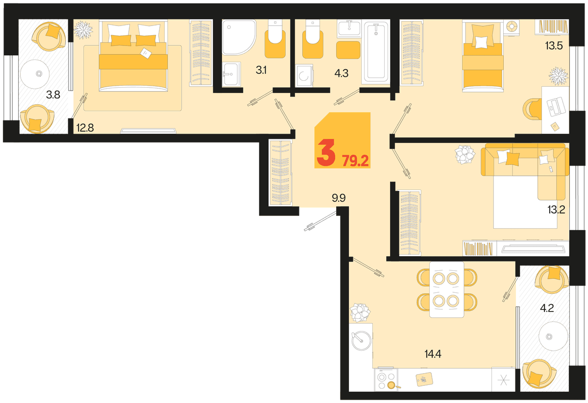 3-к, 79.2 м² · Первое место