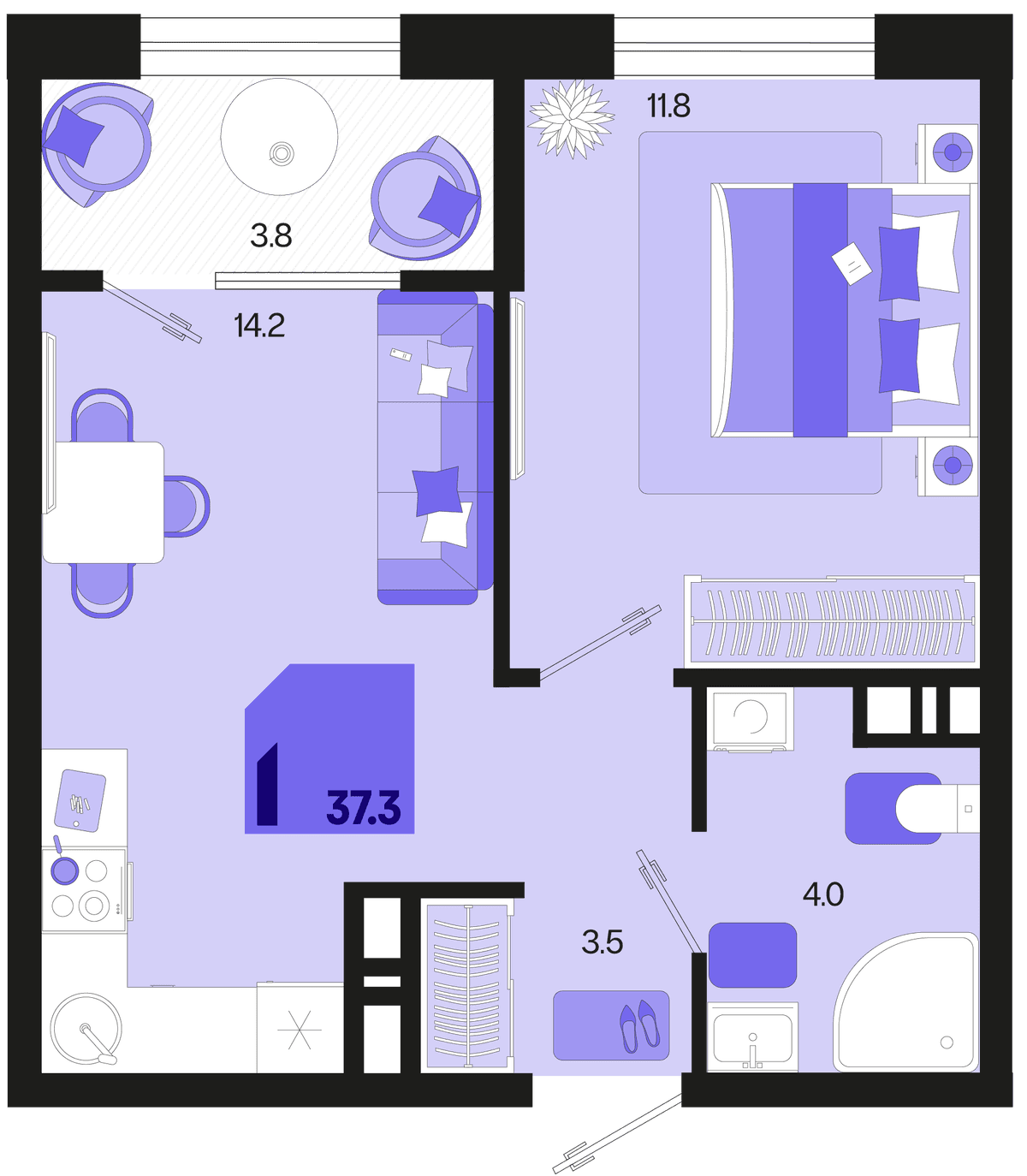 1-к, 37.3 м² · Первое место