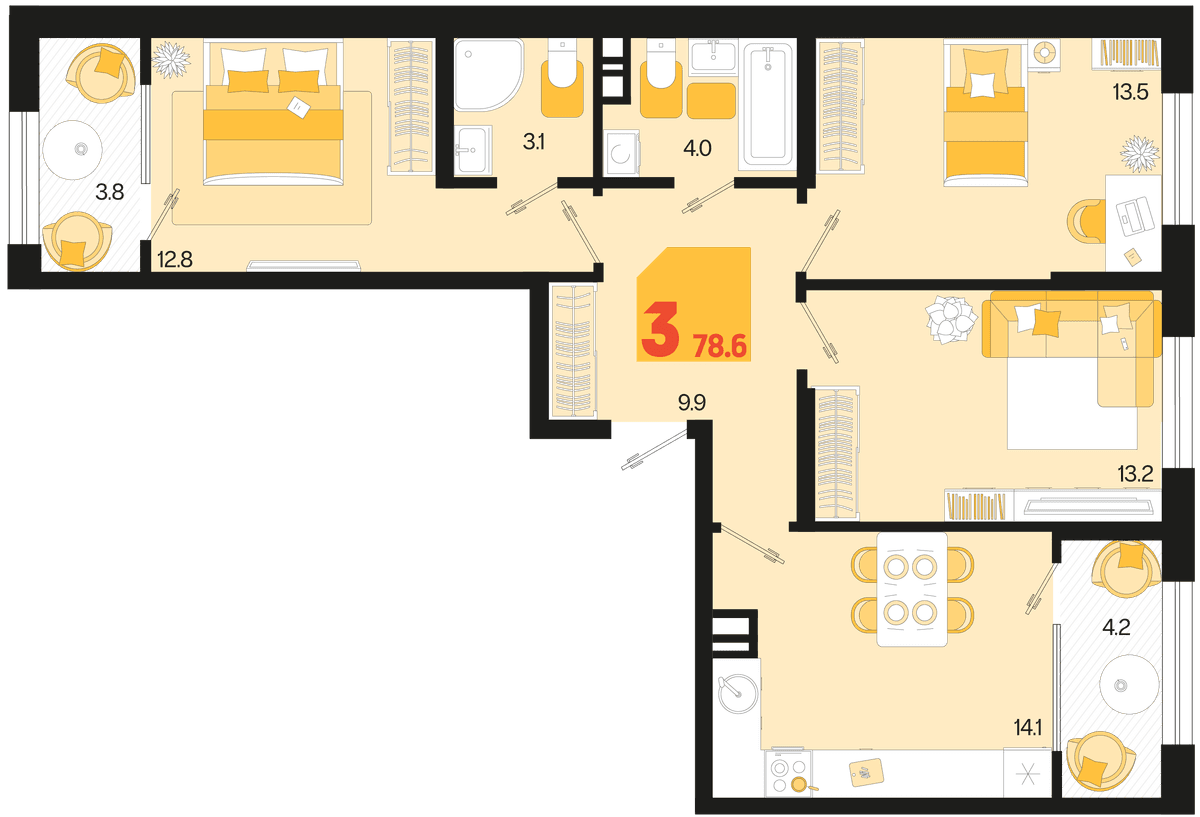3-к, 78.6 м² · Первое место