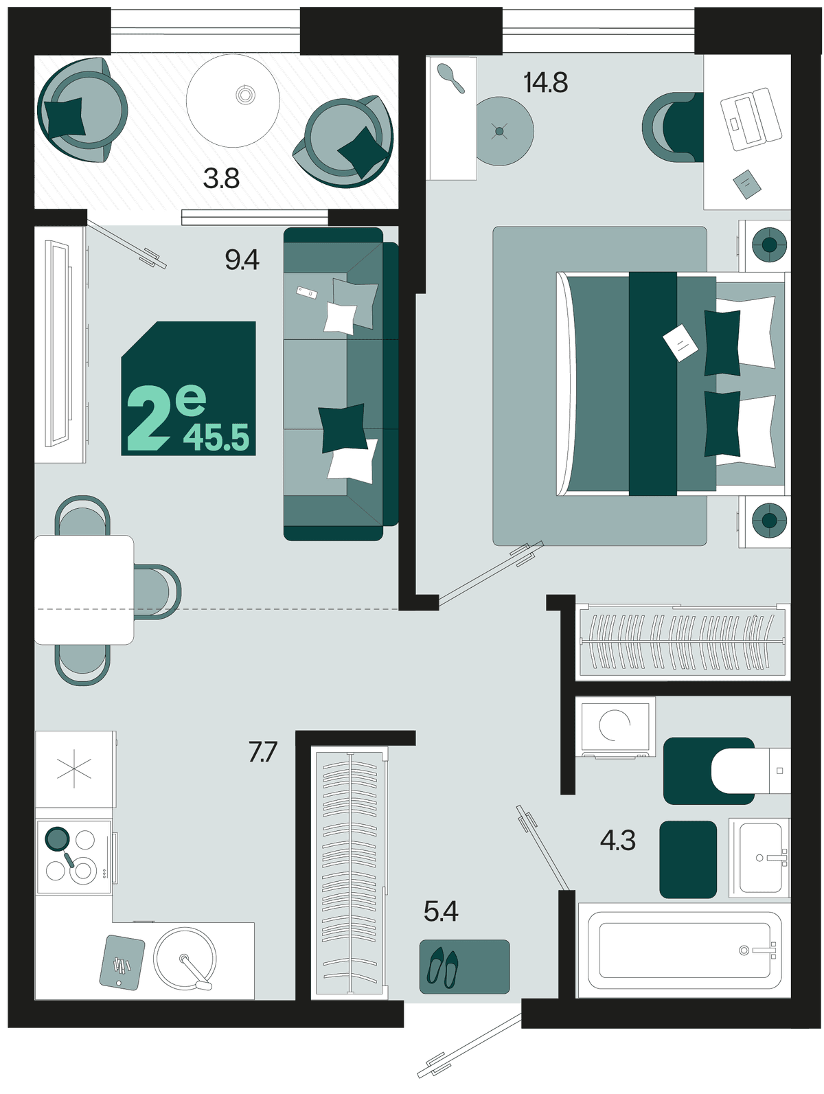 2-к, 45.5 м² · Первое место