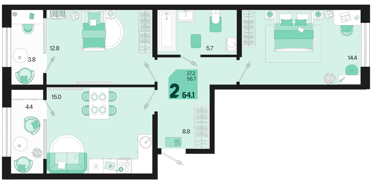 2-к, 64.9 м² · Первое место