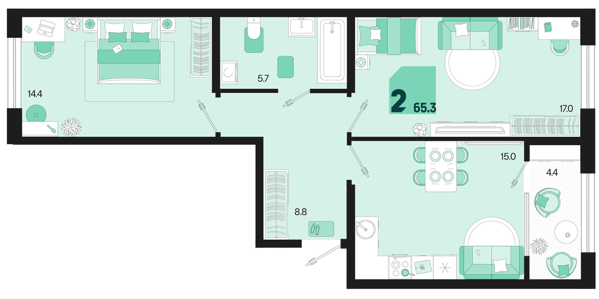 2-к, 65.3 м² · Первое место