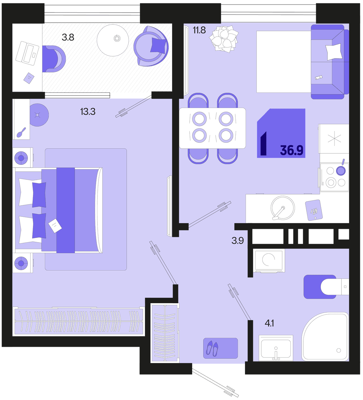 1-к, 36.9 м² · Первое место
