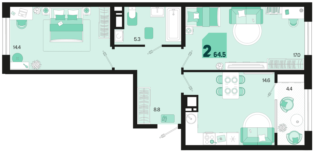 2-к, 64.5 м² · Первое место