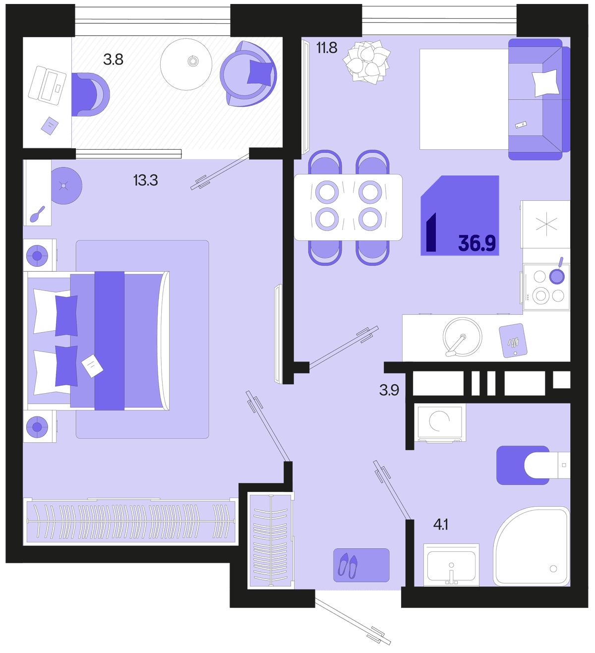 1-к, 36.9 м² · Первое место