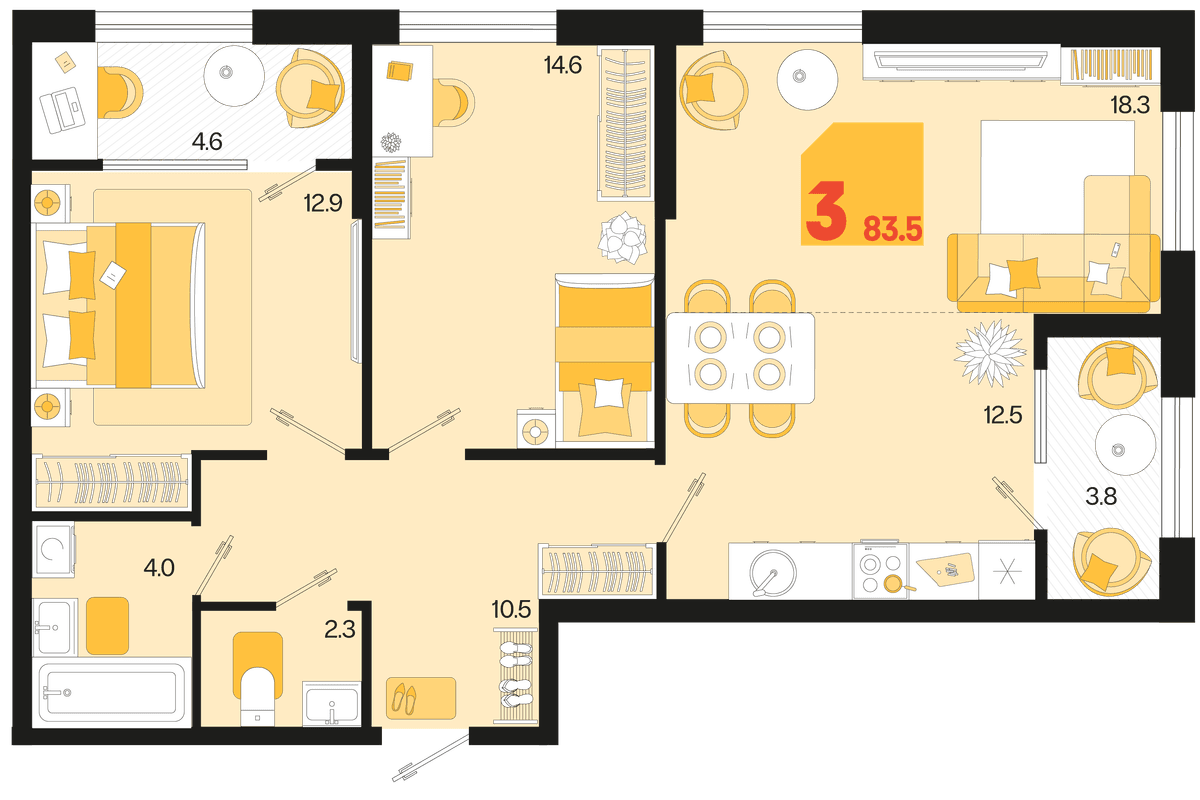 3-к, 83.5 м² · Первое место
