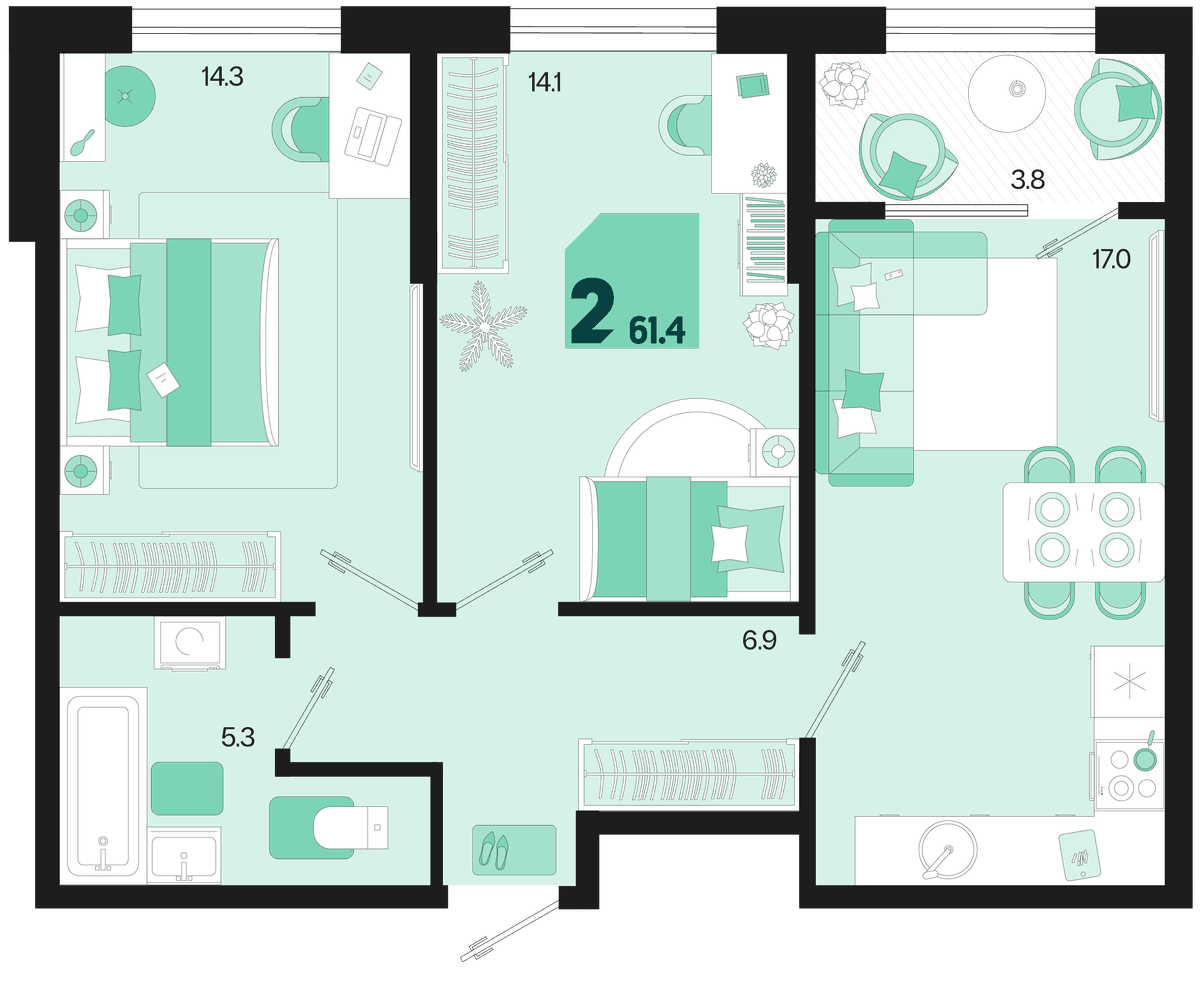 2-к, 61.4 м² · Первое место