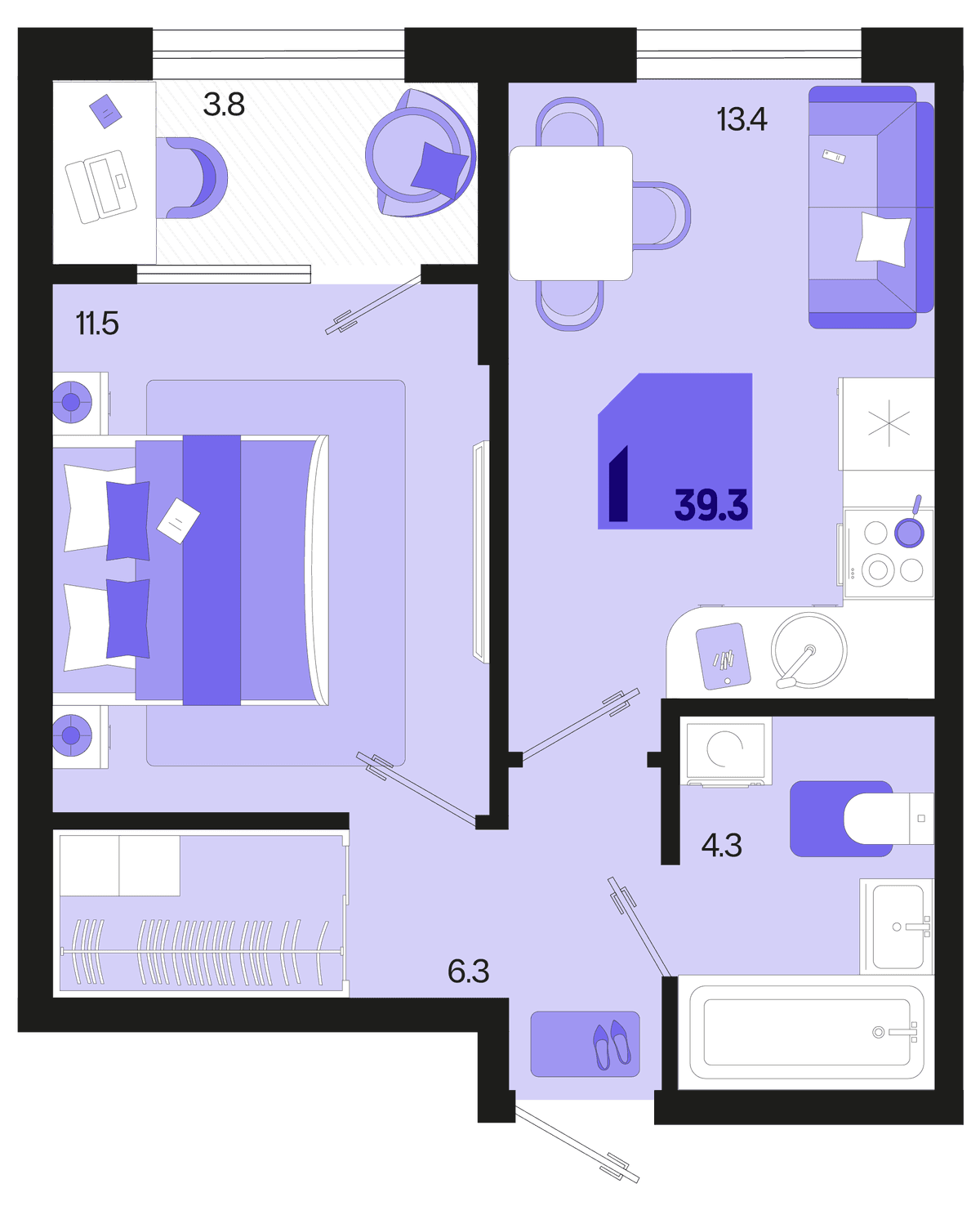 1-к, 39.3 м² · Первое место
