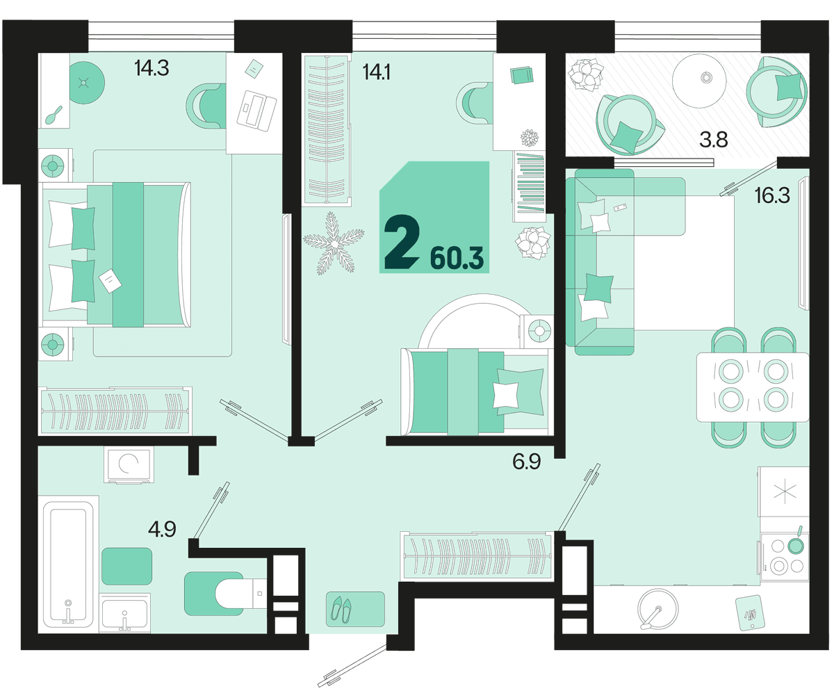 2-к, 60.3 м² · Первое место