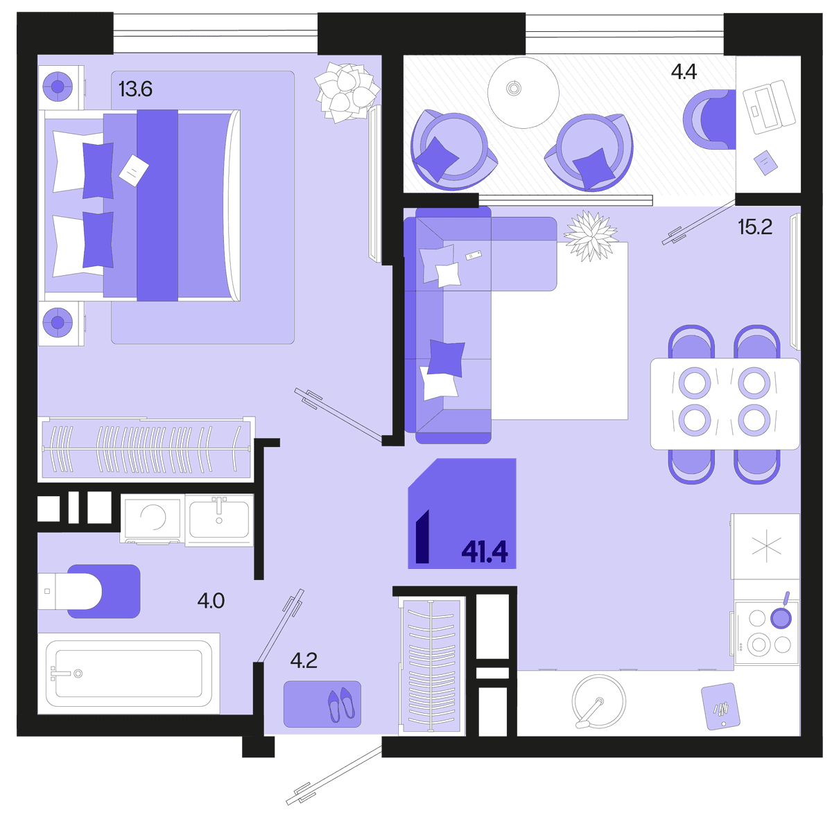 1-к, 41.4 м² · Первое место