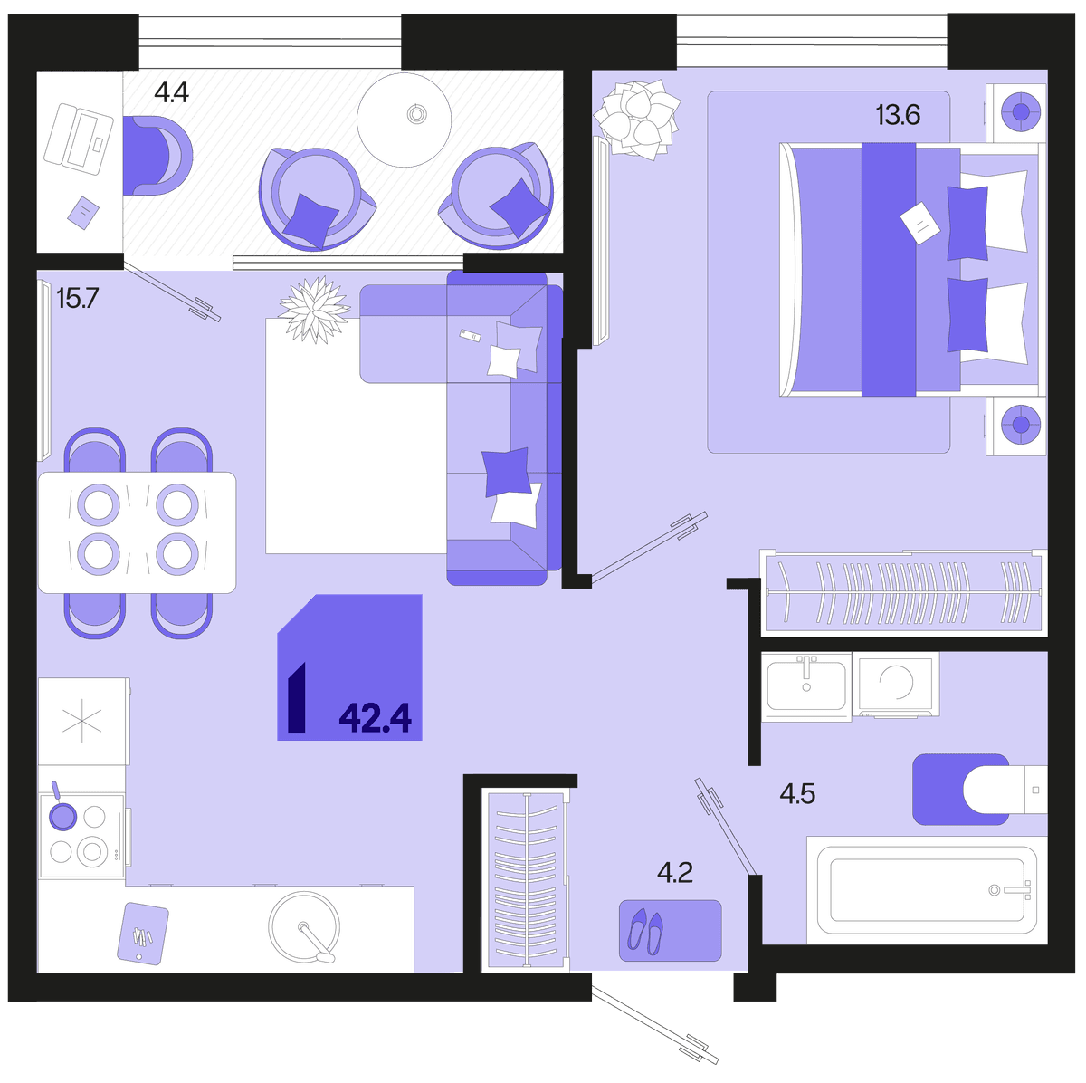 1-к, 42.4 м² · Первое место