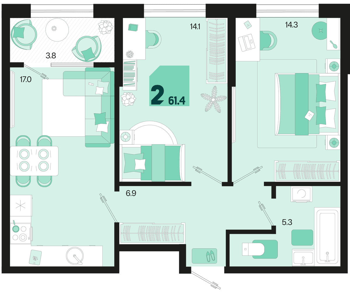 2-к, 61.4 м² · Первое место
