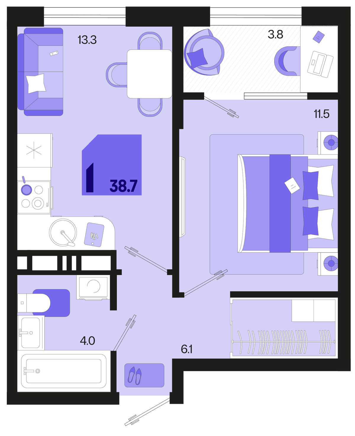 1-к, 38.7 м² · Первое место