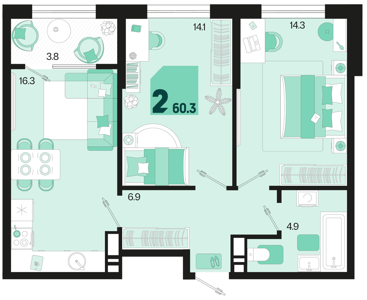 2-к, 60.3 м² · Первое место