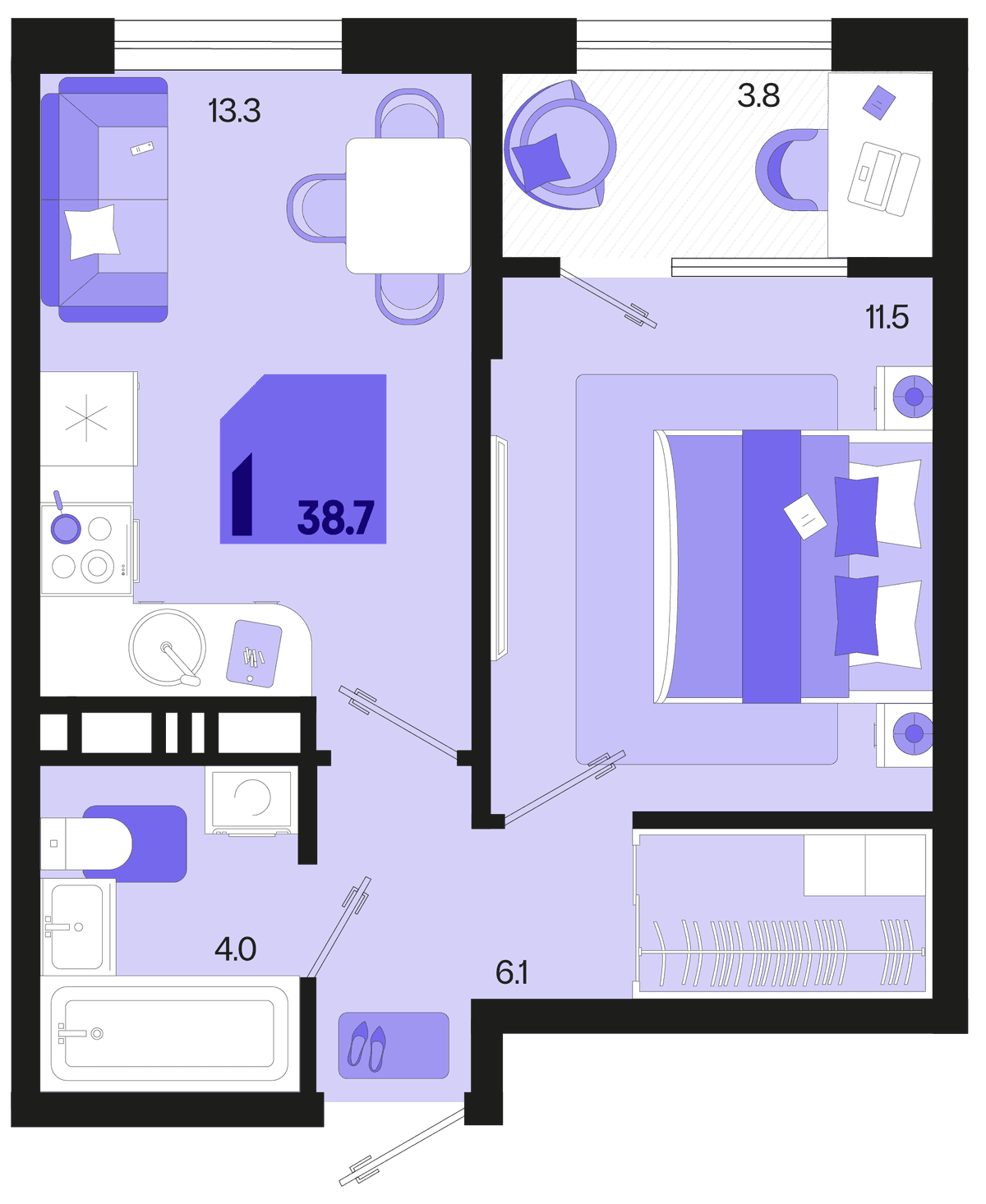 1-к, 38.7 м² · Первое место