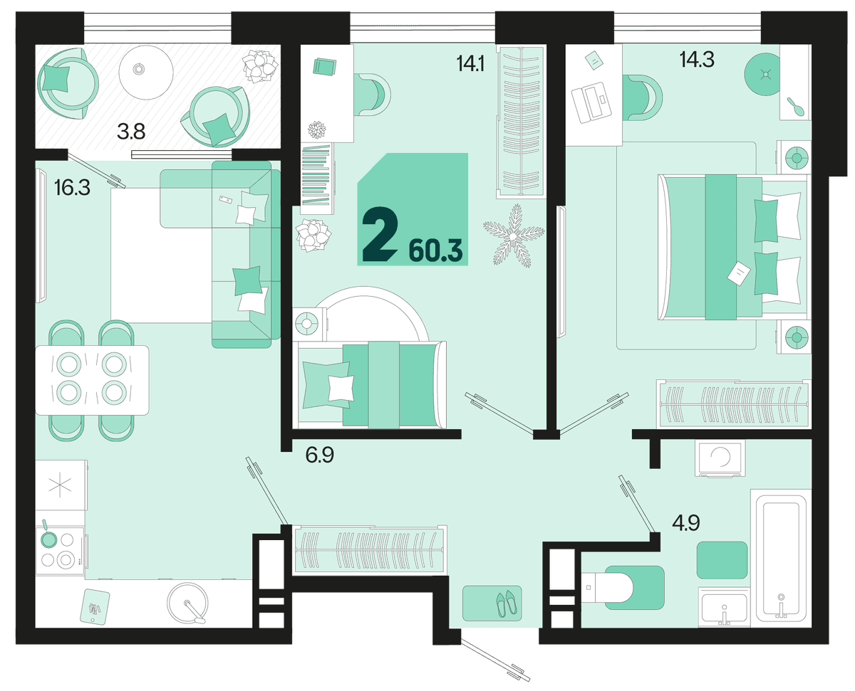 2-к, 60.3 м² · Первое место