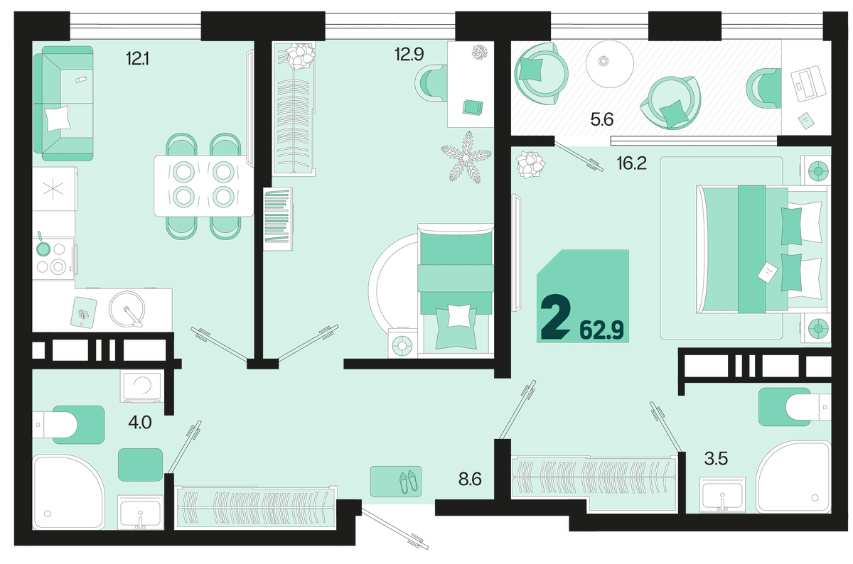 2-к, 62.9 м² · Первое место
