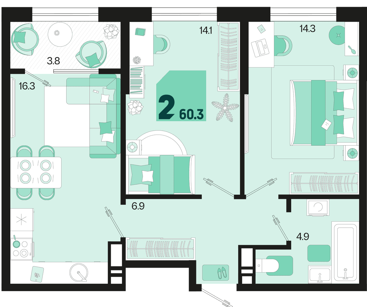2-к, 60.3 м² · Первое место