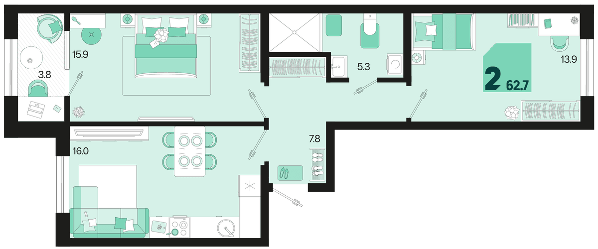 2-к, 62.7 м² · Первое место