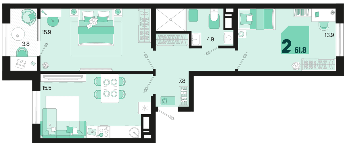 2-к, 61.8 м² · Первое место